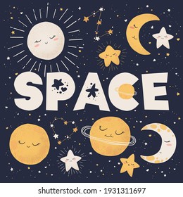 Vector illustration with cute hand drawn cartoon space objects collection sun, moon, planets and stars isolated on blue background. Design for print, fabric, wallpaper, card, nursery