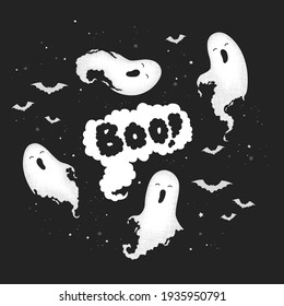 Vector illustration with cute hand drawn ghosts and lettering Boo isolated on black background. Design for poster, greeting card, party invitation, banner