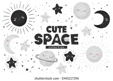 Vector illustration with cute hand drawn cartoon space objects collection sun, moon, planets and stars isolated on white background. Design for card, print, baby room decoration