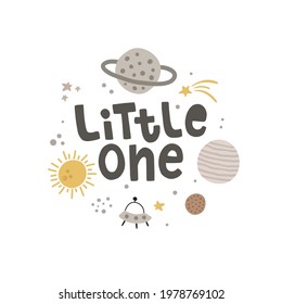 vector illustration, cute hand drawn planets and little one hand lettering text, funny image for kids, hand lettering clipart