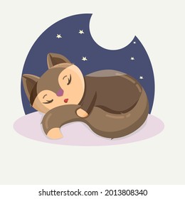 Vector illustration of a cute hand drawn kitten sleeping by the window. Night sky in the window with stars. Sleeping cat. cartoon postcard in anime kawaii style.