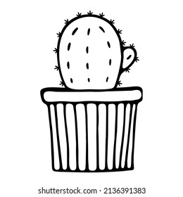 Vector illustration. Cute hand drawn cactus in a pot isolated on white. Element of the cozy home interior. Simple doodle clipart in a trendy minimalism style. For card, poster, banner, coloring book.