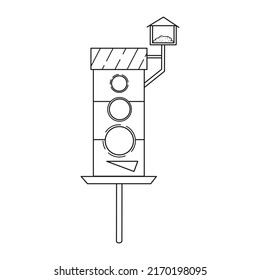 Ilustración vectorial con adorable pajar dibujado a mano con alimentador. Contorno el concepto de casa estelar para su diseño de pegatina, etiqueta, regalo, impresión, tarjeta de saludo, afiche de vacaciones, invitación de temporada, volante.