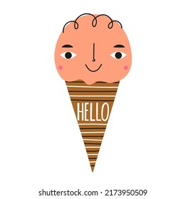 Vector illustration with cute hand drawn style ice cream cone with smiling face. Funny happy print for kids, summer sweet food sticker design