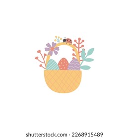 ilustración vectorial de lindas flores dibujadas a mano y huevos en una canasta, imagen adorable para los niños, concepto de Pascua 