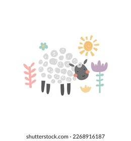 vector illustration of a cute hand drawn sheep and flowers, adorable image for kids, Easter concept