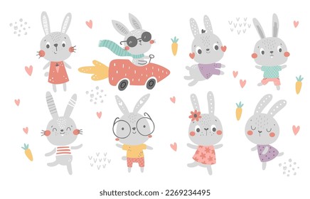 vector illustration of cute hand drawn bunnies, beautiful illustration for kids, adorable rabbits for baby showers