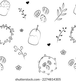 Vector illustration. Cute hand drawn monochrome seamless pattern. Festive background with Easter linear symbols. Design of postcards, banners, textiles, wallpapers and other promotional products.