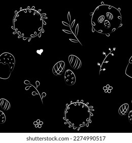 Vector illustration. Cute hand drawn monochrome seamless pattern. Festive background with Easter linear symbols. Design of postcards, banners, textiles, wallpapers and other promotional products.