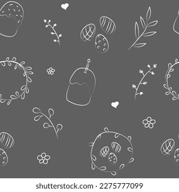 Vector illustration. Cute hand drawn monochrome seamless pattern. Festive background with Easter linear symbols. Design of postcards, banners, textiles, wallpapers and other promotional products.