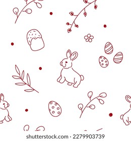 Vector illustration. Cute hand drawn colourful seamless pattern. Festive background with Easter linear symbols. Design of postcards, banners, textiles, wallpapers and other promotional products.