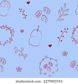 Vector illustration. Cute hand drawn colorful seamless pattern. Festive background with Easter linear symbols. Design of postcards, banners, textiles, wallpapers and other promotional products.