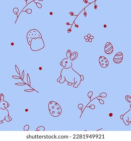 Ilustración vectorial. Patrón inmaculado de color dibujado a mano. Fondo festivo con símbolos lineales de Pascua. Diseño de postales, banners, textiles, papel pintado y otros productos promocionales.