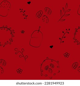 Vector illustration. Cute hand drawn colorful seamless pattern. Festive background with Easter linear symbols. Design of postcards, banners, textiles, wallpapers and other promotional products.