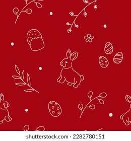 Vector illustration. Cute hand drawn colourful seamless pattern. Festive background with Easter linear symbols. Design of postcards, banners, textiles, wallpapers and other promotional products.