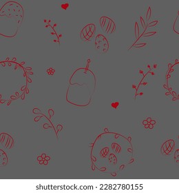 Vector illustration. Cute hand drawn colorful seamless pattern. Festive background with Easter linear symbols. Design of postcards, banners, textiles, wallpapers and other promotional products.