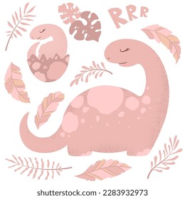 Vector illustration with cute hand drawn cartoon dinosaur, branches and leaves isolated on white background. Design for card, print, poster, wallpaper, nursery decoration