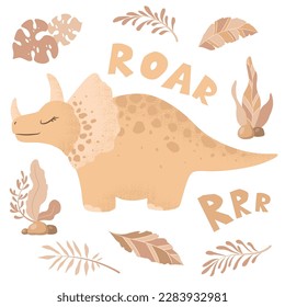 Vector illustration with cute hand drawn cartoon dinosaur, branches and leaves isolated on white background. Design for card, print, poster, nursery decoration, wallpaper