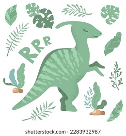 Ilustración vectorial con lindos dinosaurios dibujados a mano, hojas y ramas aisladas en fondo blanco. Diseño para tarjeta, impresión, afiche, papel pintado, decoración infantil