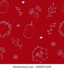 Ilustración vectorial. Patrón inmaculado de color dibujado a mano. Fondo festivo con símbolos lineales de Pascua. Diseño de postales, banners, textiles, papel pintado y otros productos promocionales.