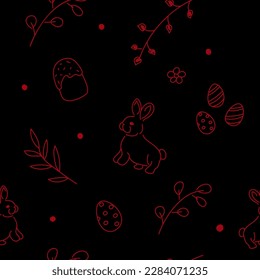 Vektorgrafik. Frisch gezeichnetes, farbloses Muster. Festlicher Hintergrund mit linearen Ostersymbolen. Design von Postkarten, Bannern, Textilien, Bildschirmhintergründen und anderen Werbemitteln.