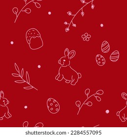 Vector illustration. Cute hand drawn colourful seamless pattern. Festive background with Easter linear symbols. Design of postcards, banners, textiles, wallpapers and other promotional products.
