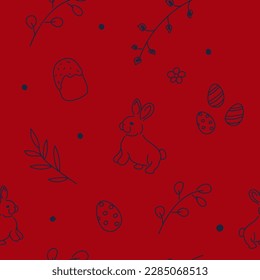 Vector illustration. Cute hand drawn colourful seamless pattern. Festive background with Easter linear symbols. Design of postcards, banners, textiles, wallpapers and other promotional products.