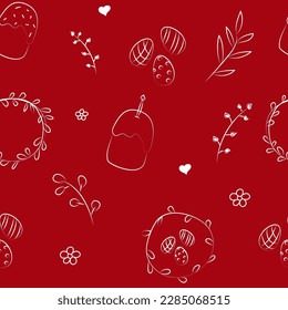 Ilustración vectorial. Patrón inmaculado de color dibujado a mano. Fondo festivo con símbolos lineales de Pascua. Diseño de postales, banners, textiles, papel pintado y otros productos promocionales.