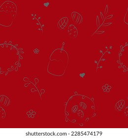 Vector illustration. Cute hand drawn colorful seamless pattern. Festive background with Easter linear symbols. Design of postcards, banners, textiles, wallpapers and other promotional products.