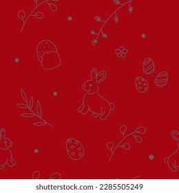 Vector illustration. Cute hand drawn colourful seamless pattern. Festive background with Easter linear symbols. Design of postcards, banners, textiles, wallpapers and other promotional products.