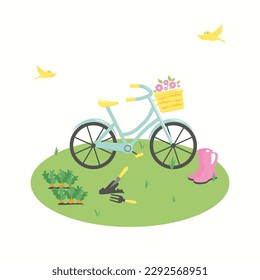 Vector illustration cute hand drawn bicycle with colorful flowers in basket on white background. Retro bike carrying basket with flowers.