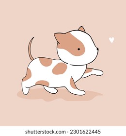 Vector Illustration of Cute Hand Drawn White-Brown Little Puppy. Lovely Nursery Art with Funny Baby Dog and Flying Tiny Heart on a Beige Background. Kids Room Decoration. Sweet Baby Amstaff Print.