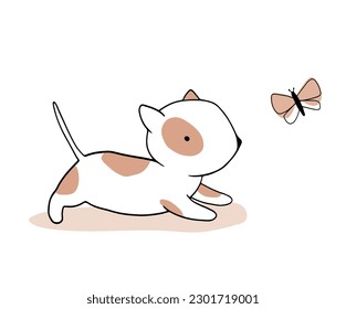 Vector Illustration of Cute Hand Drawn White-Brown Little Puppy. Lovely Nursery Art with Funny Baby Dog and Flying Butterfly on a White Background. Kids Room Decoration. Sweet Baby Amstaff Print.