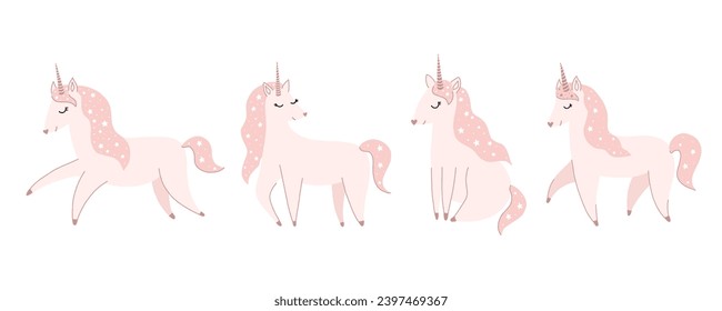 Vector illustration of cute hand drawn unicorns. Magic doodle illustration for baby