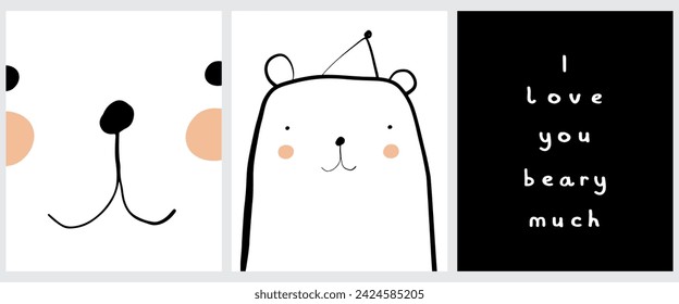Vector Illustration with Cute Hand Drawn White Teddy Bear Lovely Nursery Art with Funny Big Bear in a Party Hat on a White Background. Kids Room Decoration. Handwritten "I love You Beary Much".
