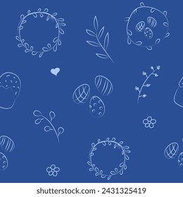 Vector illustration. Cute hand drawn seamless pattern. Festive background with Easter linear symbols. Design of postcards, banners, wrapping, textiles, wallpapers and other promotional products.
