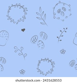 Vector illustration. Cute hand drawn seamless pattern. Festive background with Easter linear symbols. Design of postcards, banners, wrapping, textiles, wallpapers and other promotional products.