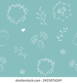 Vector illustration. Cute hand drawn seamless pattern. Festive background with Easter linear symbols. Design of postcards, banners, wrapping, textiles, wallpapers and other promotional products.