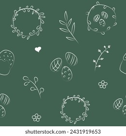 Vector illustration. Cute hand drawn seamless pattern. Festive background with Easter linear symbols. Design of postcards, banners, wrapping, textiles, wallpapers and other promotional products.