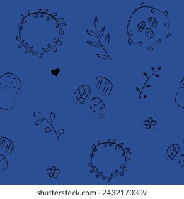 Vector illustration. Cute hand drawn seamless pattern. Festive background with Easter linear symbols. Design of postcards, banners, wrapping, textiles, wallpapers and other promotional products.