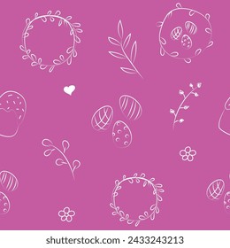 Vector illustration. Cute hand drawn seamless pattern. Festive background with Easter linear symbols. Design of postcards, banners, wrapping, textiles, wallpapers and other promotional products.