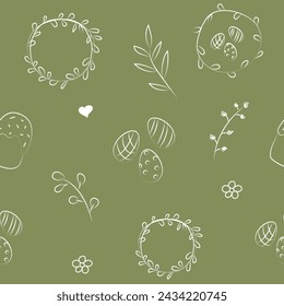 Vector illustration. Cute hand drawn seamless pattern. Festive background with Easter linear symbols. Design of postcards, banners, wrapping, textiles, wallpapers and other promotional products.