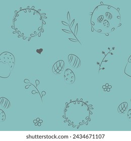 Vector illustration. Cute hand drawn seamless pattern. Festive background with Easter linear symbols. Design of postcards, banners, wrapping, textiles, wallpapers and other promotional products.