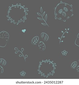 Vector illustration. Cute hand drawn seamless pattern. Festive background with Easter linear symbols. Design of postcards, banners, wrapping, textiles, wallpapers and other promotional products.