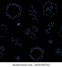 Ilustración vectorial. Lindo patrón sin costuras dibujado a mano. Fondo festivo con símbolos lineales de Pascua. Diseño de postales, banners, envoltorios, textiles, fondos de pantalla y otros productos promocionales.