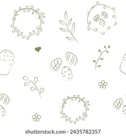 Vector illustration. Cute hand drawn seamless pattern. Festive background with Easter linear symbols. Design of postcards, banners, wrapping, textiles, wallpapers and other promotional products.