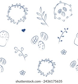 Vector illustration. Cute hand drawn seamless pattern. Festive background with Easter linear symbols. Design of postcards, banners, wrapping, textiles, wallpapers and other promotional products.