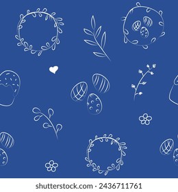 Vector illustration. Cute hand drawn seamless pattern. Festive background with Easter linear symbols. Design of postcards, banners, wrapping, textiles, wallpapers and other promotional products.