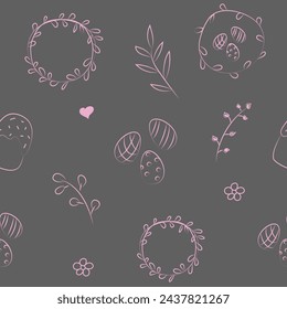 Vektorgrafik. Nette Hand gezeichnete nahtlose Muster. Festlicher Hintergrund mit linearen Osterzeichen. Design von Postkarten, Bannern, Verpackungen, Textilien, Tapeten und andere Werbeartikel.