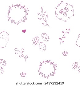 Vector illustration. Cute hand drawn seamless pattern. Festive background with Easter linear symbols. Design of postcards, banners, wrapping, textiles, wallpapers and other promotional products.